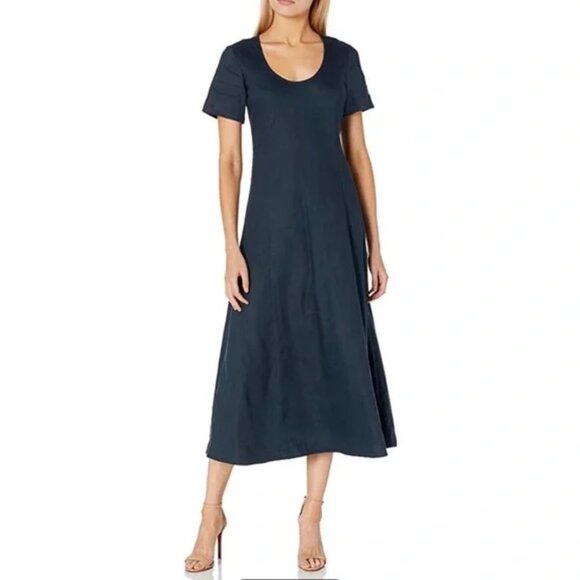 Club Monaco | Linen Blend Short Sleeve Round Neck Midi Shift Dress Blue - Picture 1 of 10